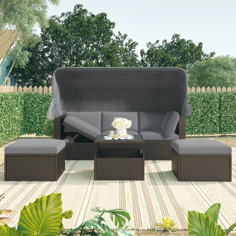 U-Shaped Patio Daybed with Canopy & Wicker Sectional Seating